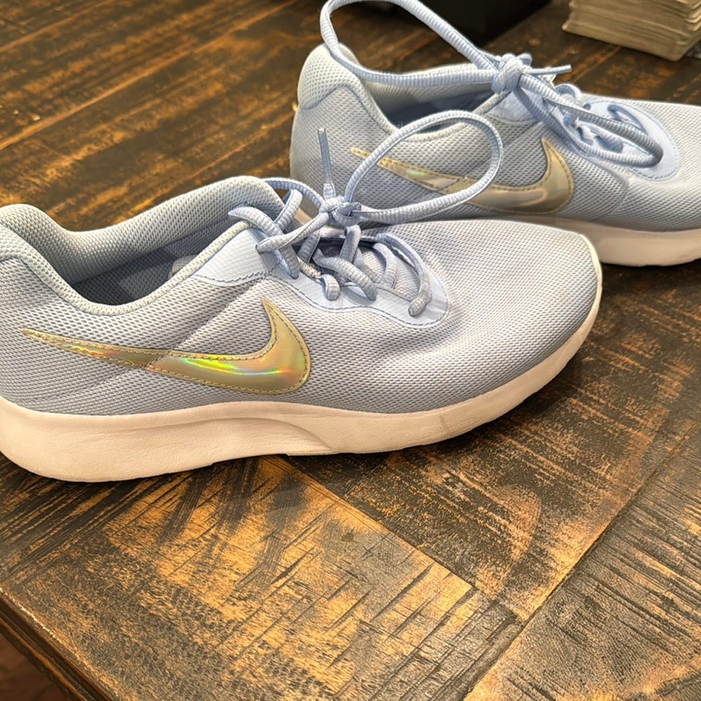 Nike Sky Blue Sneakers with Iridescent Swoosh